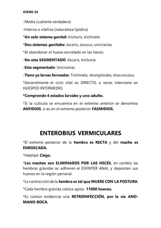 ATERO 24
-Media (cubierta verdadera)
-Interna o vitelina (naturaleza lipídica)
*Un solo sistema genital: trichuris, trichinela
*Dos sistemas genitales: áscaris, oxiurus, uncinarias.
*Al abandonar el huevo excretado en las heces:
-No esta SEGMENTADO: Ascaris, trichuria
-Esta segmentado: Uncinarias
-Tiene ya larvas formadas: Trichinela, strongiloides, dracunculus.
*Generalmente el ciclo vital es DIRECTO, a veces interviene un
HUESPED INTERMEDIO.
*Comprende 4 estados larvales y uno adulto.
*Si la cutícula se encuentra en el extremo anterior se denomina
ANFIDIOS, si es en el extremo posterior FASMIDIOS.
ENTEROBIUS VERMICULARES
*El extremo posterior de la hembra es RECTA y del macho es
ENROSCADA.
*Habitad: Ciego.
*Los machos son ELIMINADOS POR LAS HECES, en cambio las
hembras grávidas se adhieren al ESFINTER ANAL y depositan sus
huevos en la región perianal.
*La contracción de la hembra es tal que MUERE CON LA POSTURA.
*Cada hembra grávida coloca aprox. 11000 huevos.
*Es común evidenciar una RETROINFECCIÓN, por la vía ANO-
MANO-BOCA.
 