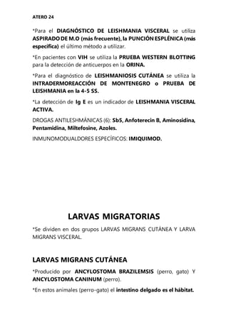 ATERO 24
*Para el DIAGNÓSTICO DE LEISHMANIA VISCERAL se utiliza
ASPIRADODE M.O (más frecuente), la PUNCIÓN ESPLÉNICA(más
específica) el último método a utilizar.
*En pacientes con VIH se utiliza la PRUEBA WESTERN BLOTTING
para la detección de anticuerpos en la ORINA.
*Para el diagnóstico de LEISHMANIOSIS CUTÁNEA se utiliza la
INTRADERMOREACCIÓN DE MONTENEGRO o PRUEBA DE
LEISHMANIA en la 4-5 SS.
*La detección de Ig E es un indicador de LEISHMANIA VISCERAL
ACTIVA.
DROGAS ANTILESHMÁNICAS (6): Sb5, Anfoterecin B, Aminosidina,
Pentamidina, Miltefosine, Azoles.
INMUNOMODUALDORES ESPECÍFICOS: IMIQUIMOD.
LARVAS MIGRATORIAS
*Se dividen en dos grupos LARVAS MIGRANS CUTÁNEA Y LARVA
MIGRANS VISCERAL.
LARVAS MIGRANS CUTÁNEA
*Producido por ANCYLOSTOMA BRAZILEMSIS (perro, gato) Y
ANCYLOSTOMA CANINUM (perro).
*En estos animales (perro-gato) el intestino delgado es el hábitat.
 