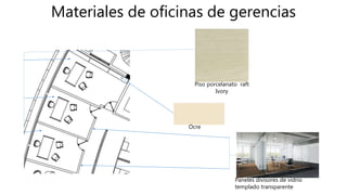 Materiales de oficinas de gerencias
Piso porcelanato raft
Ivory
Paneles divisores de vidrio
templado transparente
Ocre
 