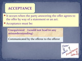 It occurs when the party answering the offer agrees to
the offer by way of a statement or an act.
Acceptance must be:
ACCEPTANCE
Unequivocal (would not lead to any
misunderstanding)
Communicated by the offeree to the offeror
 