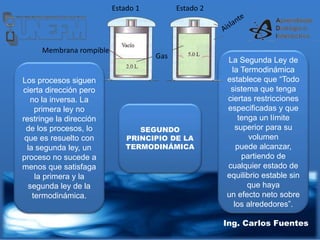 Ing. Carlos Fuentes
SEGUNDO
PRINCIPIO DE LA
TERMODINÁMICA
Los procesos siguen
cierta dirección pero
no la inversa. La
primera ley no
restringe la dirección
de los procesos, lo
que es resuelto con
la segunda ley, un
proceso no sucede a
menos que satisfaga
la primera y la
segunda ley de la
termodinámica.
La Segunda Ley de
la Termodinámica
establece que “Todo
sistema que tenga
ciertas restricciones
especificadas y que
tenga un límite
superior para su
volumen
puede alcanzar,
partiendo de
cualquier estado de
equilibrio estable sin
que haya
un efecto neto sobre
los alrededores”.
Gas
Membrana rompible
Estado 1 Estado 2
 