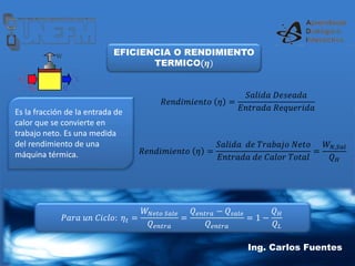 Ing. Carlos Fuentes Ing. Carlos Fuentes
EFICIENCIA O RENDIMIENTO
TERMICO(𝜼)
Es la fracción de la entrada de
calor que se convierte en
trabajo neto. Es una medida
del rendimiento de una
máquina térmica.
𝑅𝑒𝑛𝑑𝑖𝑚𝑖𝑒𝑛𝑡𝑜 𝜂 =
𝑆𝑎𝑙𝑖𝑑𝑎 𝐷𝑒𝑠𝑒𝑎𝑑𝑎
𝐸𝑛𝑡𝑟𝑎𝑑𝑎 𝑅𝑒𝑞𝑢𝑒𝑟𝑖𝑑𝑎
𝑅𝑒𝑛𝑑𝑖𝑚𝑖𝑒𝑛𝑡𝑜 𝜂 =
𝑆𝑎𝑙𝑖𝑑𝑎 𝑑𝑒 𝑇𝑟𝑎𝑏𝑎𝑗𝑜 𝑁𝑒𝑡𝑜
𝐸𝑛𝑡𝑟𝑎𝑑𝑎 𝑑𝑒 𝐶𝑎𝑙𝑜𝑟 𝑇𝑜𝑡𝑎𝑙
=
𝑊𝑁,𝑆𝑎𝑙
𝑄𝐻
𝑃𝑎𝑟𝑎 𝑢𝑛 𝐶𝑖𝑐𝑙𝑜: 𝜂𝑡 =
𝑊𝑁𝑒𝑡𝑜 𝑆𝑎𝑙𝑒
𝑄𝑒𝑛𝑡𝑟𝑎
=
𝑄𝑒𝑛𝑡𝑟𝑎 − 𝑄𝑠𝑎𝑙𝑒
𝑄𝑒𝑛𝑡𝑟𝑎
= 1 −
𝑄𝐻
𝑄𝐿
 
