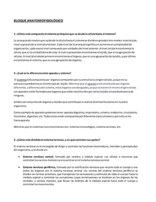 BLOQUEANATOMOFISIOLÓGICO
1- ¿Cómo está compuestoel sistema jerárquicoque va desde la célulahasta el sistema?
La jerarquíade nivelesque vadesde lacélulahastael sistemase divideengrandestresniveles:nivelcelular,
nivel supracelularynivel pluricelular.Cadanivel de lajerarquíasignificaunaumentoencomplejidadde
organización,cadanuevonivel compuestoporunidadesdelnivel anterior.A nivel celularencontramosla
célula,que eslaunidadbásicade vida.A nivel supracelularencontramosel tejido,que eslaagrupaciónde
células.A nivel pluricelularprimeroencontramosel órgano,que esunaagrupaciónde tejidos,yporúltimo
encontramosel sistema,que esunaagrupaciónde órganos.
2- ¿Cual esla diferenciaentre aparato y sistema?
El sistemaestácompuestopor órganossemejantesporsuestructurayorigencelular,yaque ensu
estructurapredominaunmismotipode tejido. Mientrasque el aparatoestáconstituidoporórganos
diferentes,adiferenciadel sistema,estosórganossondesiguales,yaque notienenel mismoorigencelular.
Los aparatos estánformadosporórganosque estánconstituidosporvariostejidossinpredominanciade
ninguno,
Ambossonconjuntosde órganosy tejidosque contribuyenarealizardistintasfuncionesennuestro
organismo.
Comoejemplode aparatospodemostener:aparatodigestivo,respiratorio,urinario,endocrino,circulatorio,
locomotor,digestivo,etc.Todosestosestáncompuestospordiferentestiposcelularesyporestose les
llamaaparato.
Mientrasque ensistemasnosencontramoscon:sistemainmunológico,sistemanervioso,etc.
3- ¿Cómo está divididoel sistemanervioso,y en qué consistensus partes?
El sistema nervioso es el encargado de dirigir y controlar lasfunciones locomotoras, mentales y perceptuales
del organismo,yse divide en:
 Sistema nervioso central, formado por cerebro y médula espinal. Las células o neuronas que
controlanlosnerviosmotoresse encuentranenel sistemanerviosocentral.
 Sistema nervioso periférico, formado por la ramificación nerviosa que recorre todo el cuerpo y une
todos los órganos con el sistema nervioso central. Los nervios del sistema nervioso periférico se
dividen en nervios sensitivos, que transportan las sensaciones y estímulos de todo el cuerpo hasta la
médula espinal y controlan las sensaciones cuyas terminaciones se localizan en los órganos de los
sentidos, y nervios motores, que llevan las órdenes de la médula espinal hacia todo el cuerpo y
controlanlosmovimientos.
 