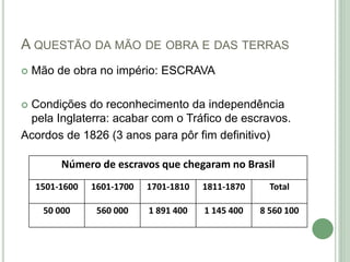 A QUESTÃO DA MÃO DE OBRA E DAS TERRAS
 Mão de obra no império: ESCRAVA
 Condições do reconhecimento da independência
pela Inglaterra: acabar com o Tráfico de escravos.
Acordos de 1826 (3 anos para pôr fim definitivo)
Número de escravos que chegaram no Brasil
1501-1600 1601-1700 1701-1810 1811-1870 Total
50 000 560 000 1 891 400 1 145 400 8 560 100
 