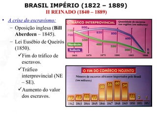 BRASIL IMPÉRIO (1822 – 1889)
                   II REINADO (1840 – 1889)
• A crise do escravismo:
   – Oposição inglesa (Bill
     Aberdeen – 1845).
   – Lei Eusébio de Queirós
     (1850).
       Fim do tráfico de
         escravos.
       Tráfico
         interprovincial (NE
         – SE).
       Aumento do valor
         dos escravos.
 