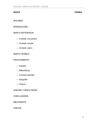 SEGUNDA JORNADA DE PRÁCTICA DOCENTE
2
ÍNDICE PÁGINA
RESUMEN
INTRODUCCIÓN
MARCO REFERENCIAL
 Contexto comunitario
 Contexto escolar
 Contexto áulico
MARCO TEÓRICO
PROCEDIMIENTO
 Español
 Matemáticas
 Ciencias naturales
 Geografía
 Historia
ANÁLISIS Y RESULTADOS
CONCLUSIONES
BIBLIOGRAFÍA
ANEXOS
 