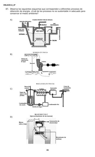 ENLACE12_8°

  87. Observa los siguientes esquemas que corresponden a diferentes procesos de
      obtención de energía. ¿Cuál de los procesos no es sustentable ni adecuado para
      conservar el medio ambiente?


      A)




      B)




      C)




      D)




                                           26
 