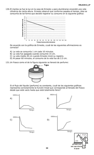 ENLACE12_8°

130. El martes se fue la luz en la casa de Ernesto y para alumbrarse encendió una vela
     cilíndrica de cierta altura. Ernesto observó que conforme pasaba el tiempo, ésta se
     consumía de tal forma que decidió registrar su consumo en la siguiente gráfica:




    De acuerdo con la gráfica de Ernesto, ¿cuál de las siguientes afirmaciones es
    correcta?

    A)   La vela se consumía 1 cm cada 10 minutos.
    B)   La vela fue apagada cuando consumió 15 cm.
    C)   La vela medía 20 cm cuando Ernesto inició su registro.
    D)   Al pasar 60 minutos, el consumo de la vela fue de 2.5 cm.

131. Un frasco como el de la figura siguiente se llenará de perfume:




    Si el flujo del líquido (perfume) es constante, ¿cuál de las siguientes gráficas
    representa correctamente la función lineal que corresponde al llenado del frasco
    desde que está vacío hasta que está totalmente lleno?



    A)                                      B)




    C)                                      D)




                                                                           CGC




                                           39
 