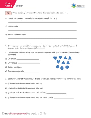 Unidad 4
98 6º Básico, Segundo Semestre
Ficha
Clase 18
IV. Anota todas las posibles combinaciones de estos experimentos aleatorios.
1.	 Diego pone en una bolsa 3 botones azules y 1 botón rojo, ¿cuál es la probabilidad de que al 		
sacar un botón sin mirar éste sea rojo? _________
2.	 Determina la probabilidad de sacar las siguientes figuras de la bolsa. Expresa la probabilidad en
porcentaje.
a)	 Un corazón _________________________
b)	 Un triángulo _________________________
c)	 Que no sea círculo ____________________
d)	 Que sea un cuadrado __________________
3.	 En una bolsa hay 6 fichas iguales, 4 de ellas son rojas y 2 azules. Un niño saca sin mirar una ficha:
a)	 ¿Cuál es la probabilidad de sacar una ficha roja ______________________
b)	 ¿Cuál es la probabilidad de sacar una ficha azul? ______________________
c)	 ¿Cuál es la probabilidad de sacar una ficha amarilla? ______________________
d)	 ¿Cuál es la probabilidad de sacar una ficha que no sea blanca? ______________________
e)	 Lanzar una moneda y hacer girar una ruleta enumerada del 1 al 5.
_____________________________________________________________________________
f)	 Tres monedas.
_____________________________________________________________________________
g)	 	Una moneda y un dado.
_____________________________________________________________________________
Derechos reservados Aptus Chile
 