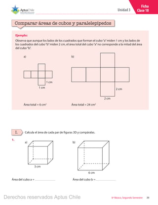 39
Unidad 3
6º Básico, Segundo Semestre
Ficha
Clase 18
Ejemplo:
Observa que aunque los lados de los cuadrados que forman el cubo“a”miden 1 cm y los lados de
los cuadrados del cubo“b”miden 2 cm, el área total del cubo“a”no corresponde a la mitad del área
del cubo“b”.
Comparar áreas de cubos y paralelepípedos
Calcula el área de cada par de figuras 3D y compáralas.I.
1.	
Área del cubo a = Área del cubo b =
1 cm
1 cm 2 cm
2 cm
3 cm
6 cm
Área total = 6 cm2
Área total = 24 cm2
a) b)
a) b)
Derechos reservados Aptus Chile
 