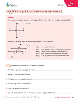 45
Unidad 3
6º Básico, Segundo Semestre
Ficha
Clase 21
Ejemplo:
Observa que cuando dos rectas se cruzan perpendicularmente se forman 4 ángulos rectos o de 90º.
Identificar ángulos cuando dos rectas se cruzan
Observa las siguientes rectas secantes y responde.I.
L2
L1
L1 ⫽ L2
AB � CD
b
f
d
h
a
e
c
g
B
A
DC
Al trazar dos paralelas cortadas por una transversal se forman 8 ángulos.
∢ a y ∢ b son suplementarios.
∢ e y ∢ h son opuestos por el vértice y miden lo mismo.
∢ a y ∢ e son correspondientes y miden lo mismo.
∢ d y ∢ h son correspondientes y miden lo mismo.
∢ a y ∢ b son adyacentes y sus medidas suman 180º.
1.	Anota dos ángulos opuestos por el vértice:
2.	 Anota dos ángulos suplementarios:
3.	 Anota dos pares de ángulos adyacentes :
4.	 Mide los ángulos con transportador :
5.	 ¿Cuál es el resultado de ∢ a - ∢ b?:
6.	 ¿En cuánto debe disminuir el < a para que las rectas sean perpendiculares?:
Derechos reservados Aptus Chile
 