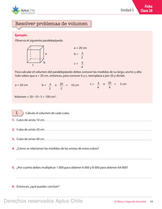 59
Unidad 3
6º Básico, Segundo Semestre
Ficha
Clase 28
Ejemplo:
Observa el siguiente paralelepípedo.
Resolver problemas de volumen
Para calcular el volumen del paralelepípedo debes conocer las medidas de su largo, ancho y alto.
Solo sabes que a = 20 cm, entonces, para conocer b y c, reemplaza a por 20 y divide.
a
o
a = 20 cm
a = 20 cm
c
b
Calcula el volumen de cada cubo.I.
b = a
2
c = a
4
20
4
c = a
4
5 cmob = a
2
20
2
10 cm= =
Volumen = 20 ∙ 10 ∙ 5 = 100 cm3
.
1.	 Cubo de arista 10 cm.
2.	 Cubo de arista 20 cm.
3.	 Cubo de arista 40 cm.
4.	 ¿Cómo se relacionan las medidas de las aristas de estos cubos?
5.	 ¿Por cuánto debes multiplicar 1 000 para obtener 8 000 y 8 000 para obtener 64 000?
6.	 Entonces, ¿qué puedes concluir?
Derechos reservados Aptus Chile
 