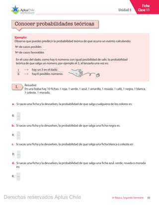 Unidad 4
836º Básico, Segundo Semestre
Ficha
Clase 11
Ejemplo:
Observa que puedes predecir la probabilidad teórica de que ocurra un evento calculando:
Conocer probabilidades teóricas
I. Resuelve:
En una bolsa hay 10 fichas: 1 roja, 1 verde, 1 azul, 1 amarilla, 1 rosada, 1 café, 1 negra, 1 blanca,
1 celeste, 1 morada.
1
6
Nº de casos posibles
Nº de casos favorables
En el caso del dado, como hay 6 números con igual posibilidad de salir, la probabilidad
teórica de que salga un número, por ejemplo el 3, al lanzarlo una vez es:
hay un 3 en el dado
hay 6 posibles números
R:
a.	 Si sacas una ficha y la devuelves, la probabilidad de que salga cualquiera de los colores es:
b.	 Si sacas una ficha y la devuelves, la probabilidad de que salga una ficha negra es:
R:
c.	 Si sacas una ficha y la devuelves, la probabilidad de que salga una ficha blanca o celeste es:
R:
R:
d.	 Si sacas una ficha y la devuelves, la probabilidad de que salga una ficha azul, verde, rosada o morada
es:
Derechos reservados Aptus Chile
 
