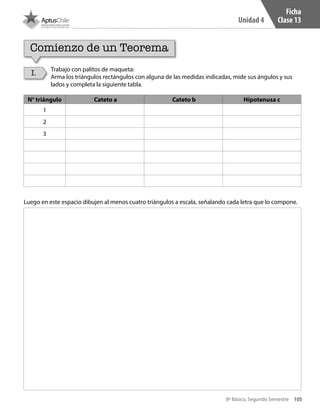 105
Unidad 4
8º Básico, Segundo Semestre
Ficha
Clase 13
Comienzo de un Teorema
I.
Trabajo con palitos de maqueta:
Arma los triángulos rectángulos con alguna de las medidas indicadas, mide sus ángulos y sus
lados y completa la siguiente tabla.
N° triángulo Cateto a Cateto b Hipotenusa c
1
2
3
Luego en este espacio dibujen al menos cuatro triángulos a escala, señalando cada letra que lo compone.
CT 8º II sem 2016.indb 105 07-06-16 19:28
 