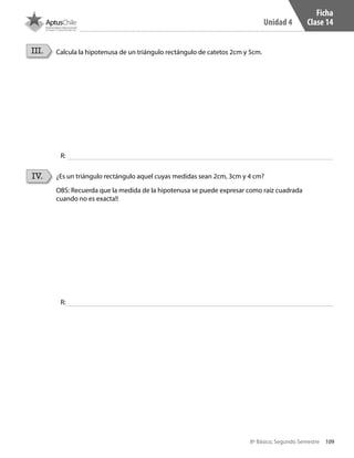 109
Unidad 4
8º Básico, Segundo Semestre
III. Calcula la hipotenusa de un triángulo rectángulo de catetos 2cm y 5cm.
R:
R:
IV. ¿Es un triángulo rectángulo aquel cuyas medidas sean 2cm, 3cm y 4 cm?
OBS: Recuerda que la medida de la hipotenusa se puede expresar como raíz cuadrada
cuando no es exacta!!
Ficha
Clase 14
CT 8º II sem 2016.indb 109 07-06-16 19:28
 