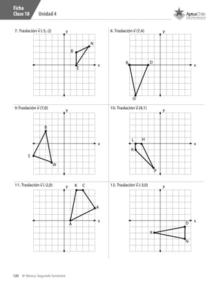 120 8º Básico, Segundo Semestre
Unidad 4
7. Traslación v (-5,-2) 8. Traslación v (7,4)
9.Traslación v (7,0) 10. Traslación v (4,1)
11. Traslación v (-2,0)	 12. Traslación v (-3,0)
x
y
x
y
x
y
x
y
x
y
x
y
B D
O
N
B
E
H
B
S
W
L
K
K C
A
X
D
N
A
P
Ficha
Clase 18
CT 8º II sem 2016.indb 120 07-06-16 19:28
 