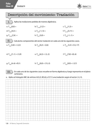 128 8º Básico, Segundo Semestre
Unidad 4
Ficha
Clase 20
Descripción del movimiento: Traslación
I.
II.
III.
Aplica las traslaciones pedidas de manera algebraica.
Calcula los componentes del vector traslación en cada uno de los siguientes casos.
En cada uno de los siguientes casos resuelve en forma algebraica y luego representa en el plano
cartesiano.
a.	 Aplica al triángulo ABC de vértices A(3,2), B(5,6) y C(7,1) una traslación según el vector (-2,-3).
a. T(1,6)
(0,0) = b. T(-4,-8)
(1,2) = c. T(5,3)
(1,3) =
d. T(7,0)
(4,3) = e. T(5,0)
(-1,-5) = f. T(2,-9)
(5,11) =
g. T(-8,-6)
(7,4) = h. T(0,1)
(3,0) = i. T(3,0)
(-1,-1) =
a. T(x,y)
(5,8) = (-2,3) b. T(x,y)
(0,2) = (2,6) c. T(x,y)
(5,3) =(12,-17)
d. T(x,y)
(7,-1) = (-5,9) e. T(x,y)
(6,3) = (-2,-2) f. T(x,y)
(7,8) =(0,-6)
g. T(x,y)
(4,-6) =(9,1) h. T(x,y)
(0,0) = (15,-2) i. T(x,y)
(9,9) = (-3,7)
CT 8º II sem 2016.indb 128 07-06-16 19:28
 