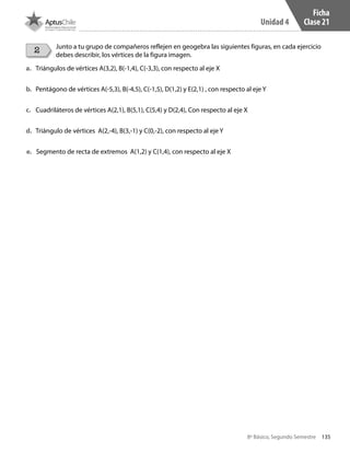 135
Unidad 4
8º Básico, Segundo Semestre
Ficha
Clase 21
Junto a tu grupo de compañeros reflejen en geogebra las siguientes figuras, en cada ejercicio
debes describir, los vértices de la figura imagen.
a.	 Triángulos de vértices A(3,2), B(-1,4), C(-3,3), con respecto al eje X
b.	 Pentágono de vértices A(-5,3), B(-4,5), C(-1,5), D(1,2) y E(2,1) , con respecto al eje Y
c.	 Cuadriláteros de vértices A(2,1), B(5,1), C(5,4) y D(2,4), Con respecto al eje X
d.	 Triángulo de vértices A(2,-4), B(3,-1) y C(0,-2), con respecto al eje Y
e.	 Segmento de recta de extremos A(1,2) y C(1,4), con respecto al eje X
2
CT 8º II sem 2016.indb 135 07-06-16 19:29
 