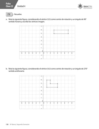 138 8º Básico, Segundo Semestre
Unidad 4
IV. Resuelve.
a.	 Rota la siguiente figura, considerando el vértice (3,5) como centro de rotación y un ángulo de 90°
sentido horario y escribe los vértices imagen.
b.	 Rota la siguiente figura, considerando el vértice (4,3) como centro de rotación y un ángulo de 270°
sentido antihorario.
0
0
-1
-1
1
1
4
2
5
3
6
7
8
2 3 4 5 6 7 8 9-2
-2
-3
-3
-4
-4
-5-6
0
0
-1
-1
1
1
4
2
5
3
6
7
8
2 3 4 5 6 7 8 9-2
-2
-3
-3
-4
-4
-5-6
Ficha
Clase 22
CT 8º II sem 2016.indb 138 07-06-16 19:29
 