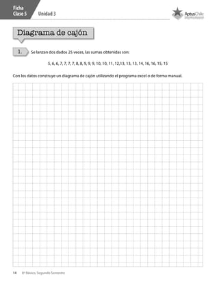 14 8º Básico, Segundo Semestre
Unidad 3
Ficha
Clase 5
1. Se lanzan dos dados 25 veces, las sumas obtenidas son:
5, 6, 6, 7, 7, 7, 7, 8, 8, 9, 9, 9, 10, 10, 11, 12,13, 13, 13, 14, 16, 16, 15, 15
Con los datos construye un diagrama de cajón utilizando el programa excel o de forma manual.
Diagrama de cajón
CT 8º II sem 2016.indb 14 07-06-16 19:28
 