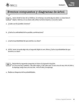 65
Unidad 3
8º Básico, Segundo Semestre
a.	 ¿Cuáles son los posibles números?
a.	 Realiza un diagrama de las probabilidades.
b.	 ¿Cuál es la cardinalidad de las posibles combinaciones?
c.	 ¿Cuál es la probabilidad de que aciertes a su clave?
d.	 ¡Al fin!, Javier recuerda algo más, el segundo digito es cero. Ahora ¿Cuál es la probabilidad de que
aciertes a su clave?
Ficha
Clase 25
1.
2.
Javier olvidó la clave de su telefono, sin embargo, recuerda algunos datos. La clave tiene 4
digitos. Ademas, en sus claves solo utiliza numeros impares y nunca los repite.
Responde las siguientes preguntas en base a la siguiente situación:
En una urna hay 5 pelotas: 2 de color negro, y 3 de color azul. Si saco una a la vez, miro el color y
la repongo, luego saco una vez más, miro el color y la repongo.
Eventos compuestos y diagramas de árbol
CT 8º II sem 2016.indb 65 07-06-16 19:28
 