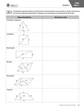 73
Unidad 4
8º Básico, Segundo Semestre
3. Completa la siguiente tabla con las fórmulas correspondientes que permiten calcular el perímetro
y el área de cada figura geométrica. Trabaja con tu compañero/a recordando las fórmulas.
Ficha
Clase 1
Figura Geométrica Perímetro y Área
Triángulo cualquiera
Cuadrado
Rectángulo
Rombo
Romboide
Trapecio
b
d
d b
e
e
f
h
b
a
d
c
m
h
b
a
f
a
a
h
h
a
a
a
a
c
CT 8º II sem 2016.indb 73 07-06-16 19:28
 