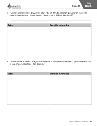 95
Unidad 4
8º Básico, Segundo Semestre
Ficha
Clase 8
c.	 ¿Cuántos vasos cilíndricos de 22 cm de altura y 5,3 cm de radio, se tienen que vaciar en una fuente
rectangular de agua de 1,5 m de alto, 6 m de ancho y 8 m de largo para llenarla?
d.	 Durante un día de invierno se registraron lluvias de 70 litros por metro cuadrado. ¿Qué altura alcanzaría
el agua en un recipiente de 10 cm de arista?
Datos Expresión matemática
Datos Expresión matemática
CT 8º II sem 2016.indb 95 07-06-16 19:28
 