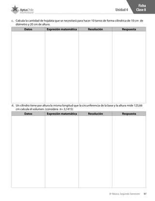 97
Unidad 4
8º Básico, Segundo Semestre
d.	 Un cilindro tiene por altura la misma longitud que la circunferencia de la base y la altura mide 125,66
cm calcula el volumen. (considera π= 3,1415)
c.	 Calcula la cantidad de hojalata que se necesitará para hacer 10 tarros de forma cilíndrica de 10 cm de
diámetro y 20 cm de altura.
Datos Expresión matemática Resolución Respuesta
Datos Expresión matemática Resolución Respuesta
Ficha
Clase 8
CT 8º II sem 2016.indb 97 07-06-16 19:28
 