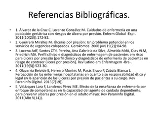 Referencias Bibliográficas.
• 1. Álvarez de la Cruz C, Lorenzo González M. Cuidados de enfermería en una
población geriátrica con riesgos de úlcera por presión. Enferm Global -Esp-.
2011(10(23)):172-82.
• 2. Guerrero Miralles M. Úlceras por presión: Un problema potencial en los
servicios de urgencias colapsados. Gerokomos. 2008 jun(19(2)):84-98.
• 3. Lucena AdF, Santos CTd, Pereira, Ana Gabriela da Silva, Almeida MdA, Dias VLM,
Friedrich MA. Perfil clínico e diagnósticos de enfermagem de pacientes em risco
para úlcera por pressão [perfil clínico y diagnósticos de enfermería de pacientes en
riesgo de contraer úlcera por presión]. Rev Latino-am Enfermagem -Bra-.
2011(19(3)):523-30.
• 4. Olavarría Beivide E, Herrero Montes M, Parás Bravo P, Zabala Blanco J.
Percepción de las enfermeras hospitalarias en cuanto a su responsabilidad ética y
legal en la aparición de las úlceras por presión de pacientes a su cargo. Rev
Paraninfo Digital. 2013(7(19)).
• 5. Velázquez Lara F, Landeros Pérez ME. Efecto de la enseñanza de enfermería con
enfoque de competencias en la capacidad del agente de cuidado dependiente,
para prevenir ulceras por presión en el adulto mayor. Rev Paraninfo Digital.
2011(Año V(14)).
 