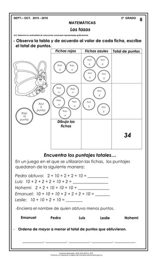 SEPT.– OCT. 2015 - 2016 2º GRADO
MATEMÁTICAS
Los tazos
A.E. Determina la cardinalidad de colecciones numerosas representadas gráficamente.
- Observa la tabla y de acuerdo al valor de cada ficha, escribe
el total de puntos.
Encuentra los puntajes totales…
En un juego en el que se utilizaron las fichas, los puntajes
quedaron de la siguiente manera:
Pedro obtuvo: 2 + 10 + 2 + 2 + 10 = __________
Luis: 10 + 2 + 2 + 2 + 10 + 2 = _________________
Nohemi: 2 + 2 + 10 + 10 + 10 + _______________
Emanuel: 10 + 10 + 10 + 2 + 2 + 2 + 10 = _______
Leslie: 10 + 10 + 2 + 10 = ________
- Ordena de mayor a menor el total de puntos que obtuvieron.
__________, __________, __________, __________, __________
8
Roja
10
puntos
Azul
2
puntos

Fichas rojas Fichas azules Total de puntos
Roja
10
puntos
Roja
10
puntos
punto punto
punto punto
puntos puntosRoja
10
puntos
Roja
10
puntosRoja
10
puntos
punto punto
punto
Dibuja las
fichas
34
-Encierra el nombre de quien obtuvo menos puntos.
Emanuel NohemiPedro LeslieLuis
Derechos Reservados. GOB. EDO.SEECH. MTP.
Ponemos a su disposición la página http://primarias.cetechihuahua.gob.mx
2
2
Azul
2
Azul
2
Azul
2
Azul
2
Azul
2
Azul
2 Azul
2
Roja
10
Roja
10
 