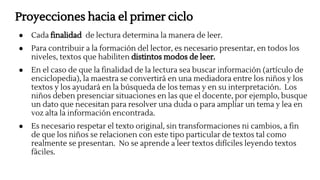 Proyecciones hacia el primer ciclo
● Cada finalidad de lectura determina la manera de leer.
● Para contribuir a la formación del lector, es necesario presentar, en todos los
niveles, textos que habiliten distintos modos de leer.
● En el caso de que la finalidad de la lectura sea buscar información (artículo de
enciclopedia), la maestra se convertirá en una mediadora entre los niños y los
textos y los ayudará en la búsqueda de los temas y en su interpretación. Los
niños deben presenciar situaciones en las que el docente, por ejemplo, busque
un dato que necesitan para resolver una duda o para ampliar un tema y lea en
voz alta la información encontrada.
● Es necesario respetar el texto original, sin transformaciones ni cambios, a fin
de que los niños se relacionen con este tipo particular de textos tal como
realmente se presentan. No se aprende a leer textos difíciles leyendo textos
fáciles.
 