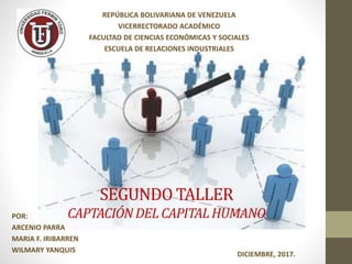 SEGUNDO TALLER
CAPTACIÓNDELCAPITALHUMANO
DICIEMBRE, 2017.
REPÚBLICA BOLIVARIANA DE VENEZUELA
VICERRECTORADO ACADÉMICO
FACULTAD DE CIENCIAS ECONÓMICAS Y SOCIALES
ESCUELA DE RELACIONES INDUSTRIALES
POR:
ARCENIO PARRA
MARIA F. IRIBARREN
WILMARY YANQUIS
 
