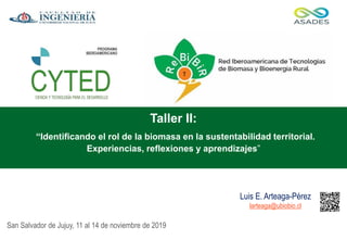 Luis E. Arteaga-Pérez
larteaga@ubiobio.cl
San Salvador de Jujuy, 11 al 14 de noviembre de 2019
Taller II:
“Identificando el rol de la biomasa en la sustentabilidad territorial.
Experiencias, reflexiones y aprendizajes”
 