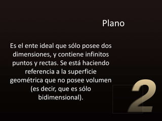 Plano

Es el ente ideal que sólo posee dos
 dimensiones, y contiene infinitos
 puntos y rectas. Se está haciendo
      referencia a la superficie
geométrica que no posee volumen
        (es decir, que es sólo
           bidimensional).
 