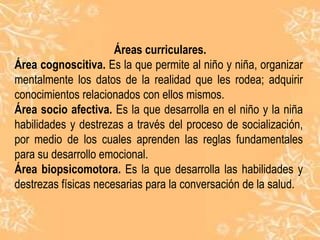 Áreas curriculares.
Área cognoscitiva. Es la que permite al niño y niña, organizar
mentalmente los datos de la realidad que les rodea; adquirir
conocimientos relacionados con ellos mismos.
Área socio afectiva. Es la que desarrolla en el niño y la niña
habilidades y destrezas a través del proceso de socialización,
por medio de los cuales aprenden las reglas fundamentales
para su desarrollo emocional.
Área biopsicomotora. Es la que desarrolla las habilidades y
destrezas físicas necesarias para la conversación de la salud.
 