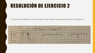 RESOLUCIÓN DE EJERCICIO 2
• Encontrar la deflexión al centro de la viga usando el segundo teorema Castigliano.
 