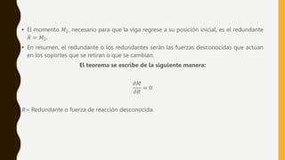 • El momento 𝑀2, necesario para que la viga regrese a su posición inicial, es el redundante
𝑅 = 𝑀2.
• En resumen, el redundante o los redundantes serán las fuerzas desconocidas que actúan
en los soportes que se retiran o que se cambian.
El teorema se escribe de la siguiente manera:
𝜕𝑀
𝜕𝑅
= 0
𝑅= Redundante o fuerza de reacción desconocida.
 