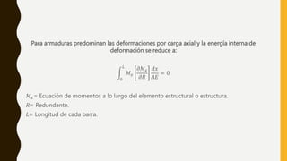 Para armaduras predominan las deformaciones por carga axial y la energía interna de
deformación se reduce a:
0
𝐿
𝑀𝑥
𝜕𝑀𝑥
𝜕𝑅
𝑑𝑥
𝐴𝐸
= 0
𝑀𝑥= Ecuación de momentos a lo largo del elemento estructural o estructura.
𝑅= Redundante.
𝐿= Longitud de cada barra.
 
