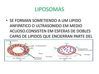 LIPOSOMAS
• SE FORMAN SOMETIENDO A UM LIPIDO
  ANFIPATICO O ULTRASONIDO EM MEDIO
  ACUOSO.CONSISTEN EM ESFERAS DE DOBLES
  CAPAS DE LIPIDOS QUE ENCIERRAN PARTE DEL
  MEDIO ACUOSO.
 