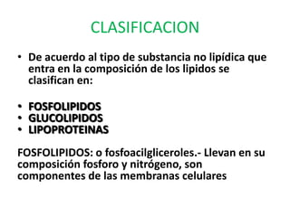 CLASIFICACION
• De acuerdo al tipo de substancia no lipídica que
  entra en la composición de los lipidos se
  clasifican en:

• FOSFOLIPIDOS
• GLUCOLIPIDOS
• LIPOPROTEINAS
FOSFOLIPIDOS: o fosfoacilgliceroles.- Llevan en su
composición fosforo y nitrógeno, son
componentes de las membranas celulares
 