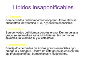 Lípidos insaponificables
• Terpenos:
Son derivados del hidrocarburo isopreno. Entre ellos se
encuentran las vitamina E, A, K y aceites esenciales.

• Esteroides:
Son derivados del hidrocarburo esterano. Dentro de este
grupo se encuentran los ácidos biliares, las hormonas
sexuales, la vitamina D y el colesterol.

• Eicosanoides:
Son lípidos derivados de ácidos grasos esenciales tipo
omega 3 y omega 6. Dentro de este grupo se encuentran
las prostaglandinas, tromboxanos y leucotrienos.
 