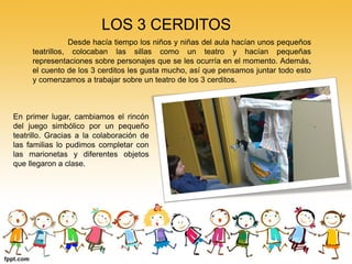 LOS 3 CERDITOS
                Desde hacía tiempo los niños y niñas del aula hacían unos pequeños
     teatrillos, colocaban las sillas como un teatro y hacían pequeñas
     representaciones sobre personajes que se les ocurría en el momento. Además,
     el cuento de los 3 cerditos les gusta mucho, así que pensamos juntar todo esto
     y comenzamos a trabajar sobre un teatro de los 3 cerditos.



En primer lugar, cambiamos el rincón
del juego simbólico por un pequeño
teatrillo. Gracias a la colaboración de
las familias lo pudimos completar con
las marionetas y diferentes objetos
que llegaron a clase.
 