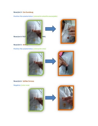 Reacción 3: Con Gunzburg 
Positivo No característico: (coloración amarillo anaranjado) 
Reaccion 4: FALTA DE REACTIVO.(BRUSINA) 
Reacción 5: Anilina 
Positivo No característico: (coloración vino) 
Reacción 6: Sulfato Ferroso 
Negativo: (color rosa) 
 