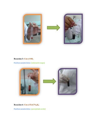 Reaccion 3: Con el SH2 
Positivo característico: (coloración negra) 
Reaccion 4: Con el Fe(CN)6K4 
Positivo característico: (precipitado verde) 
 
