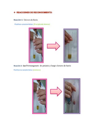 Reacción 1: Cloruro de Bario 
Positivo característico: (Precipitado blanco) 
Reacción 2: Con Permanganato de potasio y luego cloruro de bario 
Positivo no característico: (violaceo) 
 