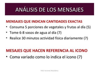 ANÁLISIS DE LOS MENSAJESANÁLISIS DE LOS MENSAJES
MENSAJES QUE INDICAN CANTIDADES EXACTAS
• Consuma 5 porciones de vegetales y frutas al día (5)
• Tome 6-8 vasos de agua al día (7)
• Realice 30 minutos actividad física diariamente (7)
MESAJES QUE HACEN REFERENCIA AL ICONO
• Coma variado como lo indica el icono (7)
FAO/ Verónika Mo(10)lina
 