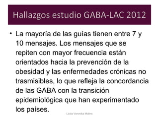 • La mayoría de las guías tienen entre 7 y
10 mensajes. Los mensajes que se
repiten con mayor frecuencia están
orientados hacia la prevención de la
obesidad y las enfermedades crónicas no
trasmisibles, lo que refleja la concordancia
de las GABA con la transición
epidemiológica que han experimentado
los países. Licda Veronika Molina
 