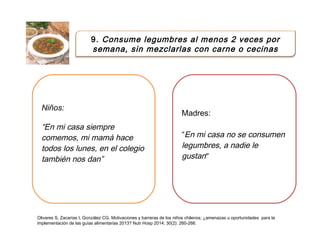 9. Consume legumbres al menos 2 veces por
semana, sin mezclarlas con carne o cecinas
Niños:
“En mi casa siempre
comemos, mi mamá hace
todos los lunes, en el colegio
también nos dan”
Madres:
“En mi casa no se consumen
legumbres, a nadie le
gustan”
Olivares S, Zacarías I, González CG. Motivaciones y barreras de los niños chilenos; ¿amenazas u oportunidades para la
implementación de las guías alimentarias 2013? Nutr Hosp 2014; 30(2): 260-266.
 