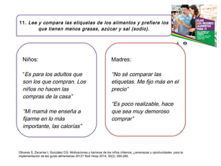 Niños:
“Es para los adultos que
son los que compran. Los
niños no hacen las
compras de la casa”
“Mi mamá me enseña a
fijarme en lo más
importante, las calorías”
11. Lee y compara las etiquetas de los alimentos y prefiere los
que tienen menos grasas, azúcar y sal (sodio).
Madres:
“No sé comparar las
etiquetas. Me fijo más en el
precio”
“Es poco realizable, hace
que sea muy demoroso
comprar”
Olivares S, Zacarías I, González CG. Motivaciones y barreras de los niños chilenos; ¿amenazas u oportunidades para la
implementación de las guías alimentarias 2013? Nutr Hosp 2014; 30(2): 260-266.
 