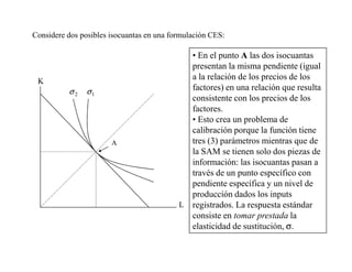 Considere dos posibles isocuantas en una formulación CES:

                                             • En el punto A las dos isocuantas
                                             presentan la misma pendiente (igual
 K
                                             a la relación de los precios de los
          σ2    σ1                           factores) en una relación que resulta
                                             consistente con los precios de los
                                             factores.
                                             • Esto crea un problema de
                                             calibración porque la función tiene
                       A                     tres (3) parámetros mientras que de
                                             la SAM se tienen solo dos piezas de
                                             información: las isocuantas pasan a
                                             través de un punto específico con
                                             pendiente específica y un nivel de
                                             producción dados los inputs
                                           L registrados. La respuesta estándar
                                             consiste en tomar prestada la
                                             elasticidad de sustitución, σ.
 